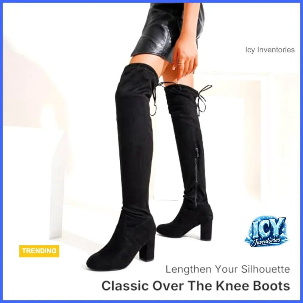 Suede Over The Knee Boots with 3 Inch Chunky Heels Zipper